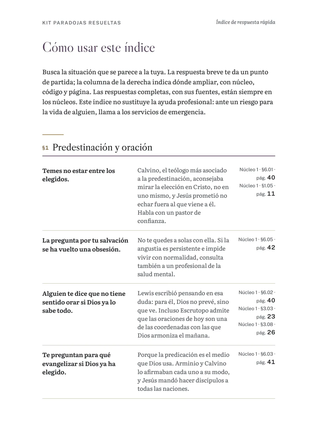 Página del índice de respuesta rápida con situaciones, respuestas y páginas