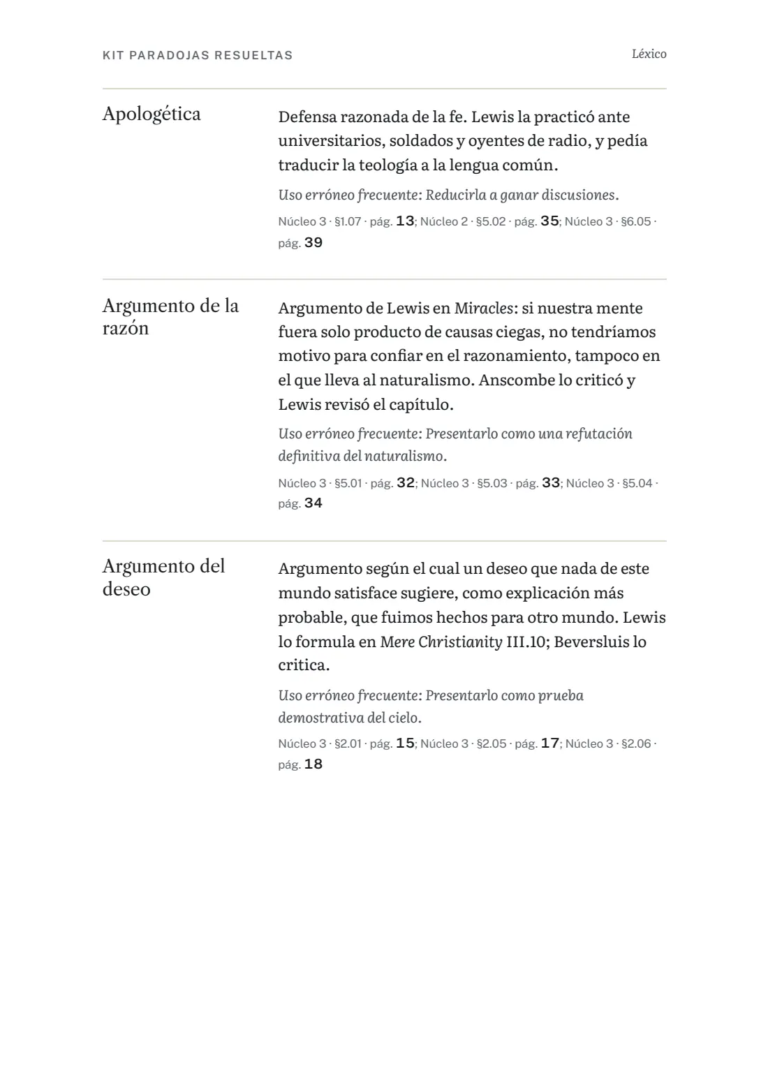 Página del léxico con términos definidos